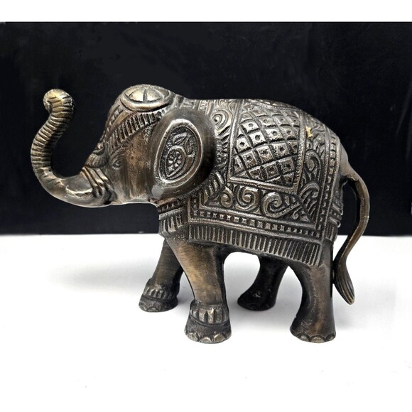 Brass Bronze Metal Elephant Sculpture Statue Ornate Blanket Headdress Trunk Up